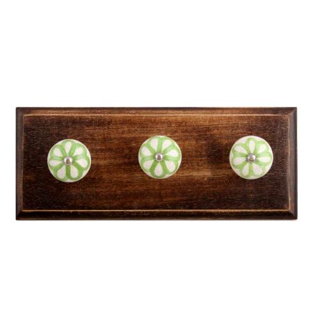 Lime Green Floral Crackle Ceramic Wooden Hooks